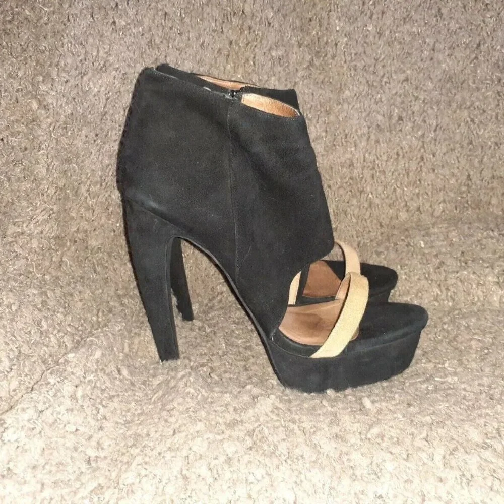JEFFREY CAMPBELL-Black Suede/Tan Strap-Curved Stiletto-Open Toe Bootie-Zip-Sz 37 - Picture 4 of 7